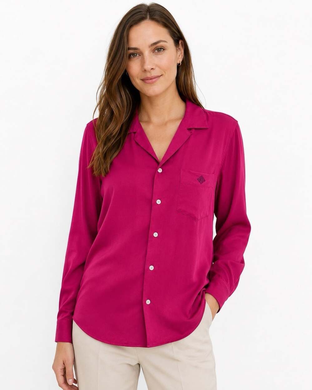 Ralph Lauren Women 6 Pink Rayon Camp Shirt Embroidered Logo Hong Kong Vintage 90